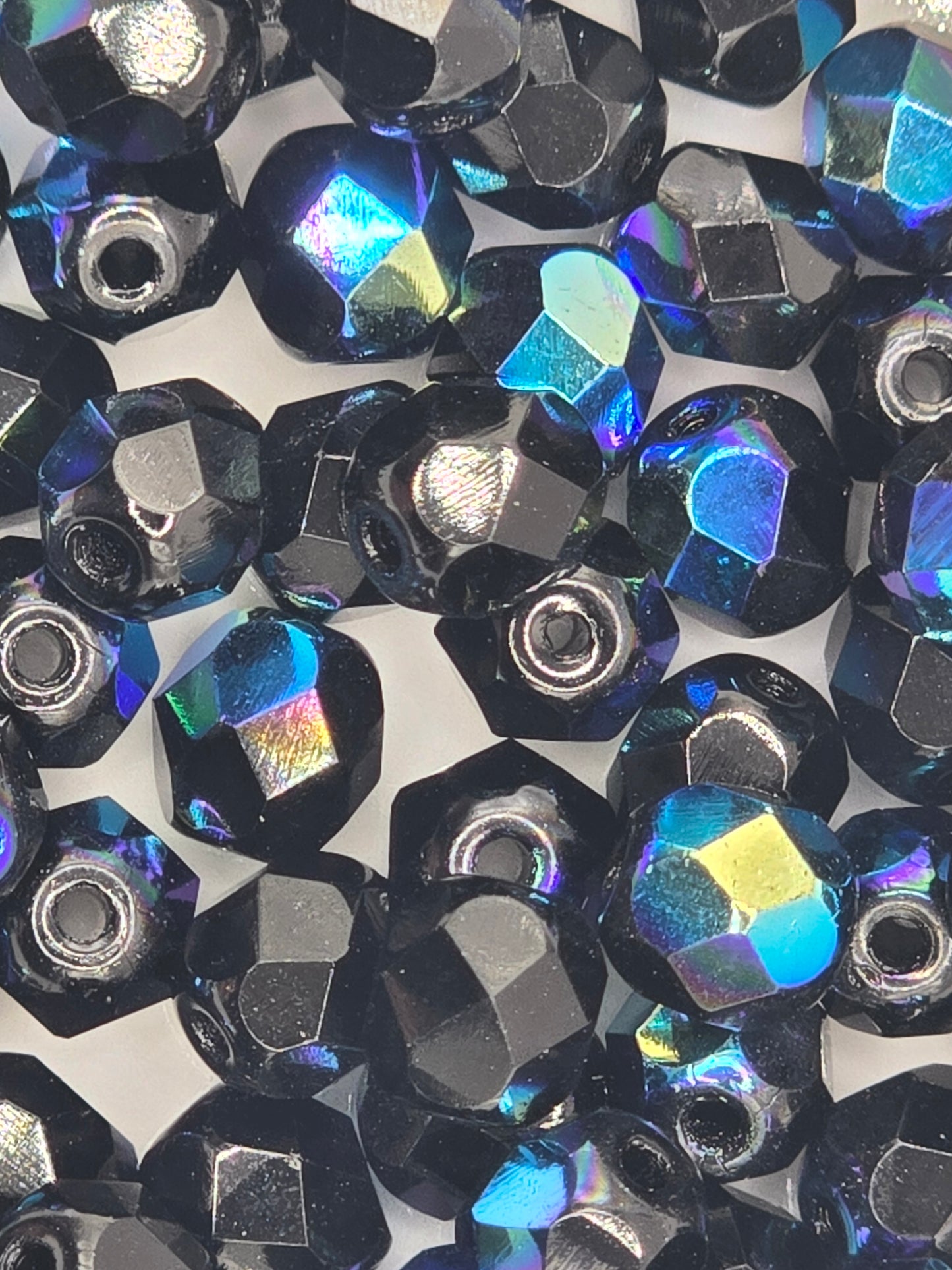 Czech 6mm Fire Polish Facet Rounds - Jet AB - 25 pcs