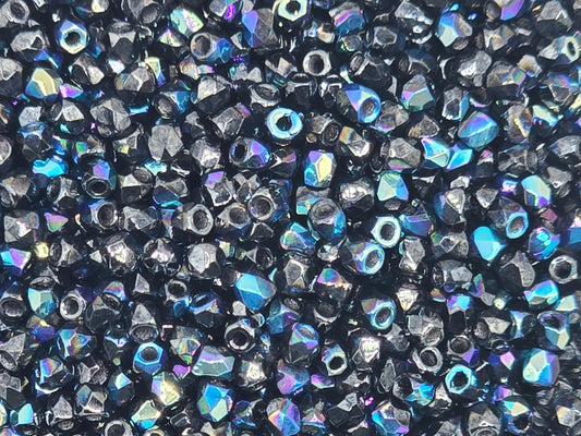 True 2 - 2mm Fire Polished Faceted Rounds - Jet Hematite AB - 100 pcs