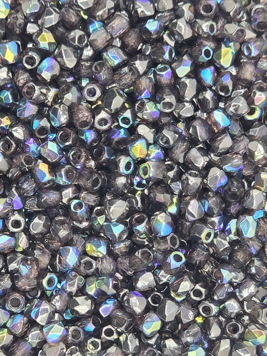 True 2 - 2mm Fire Polished Faceted Rounds - Light Amethyst Graphite Rainbow - 100 pcs