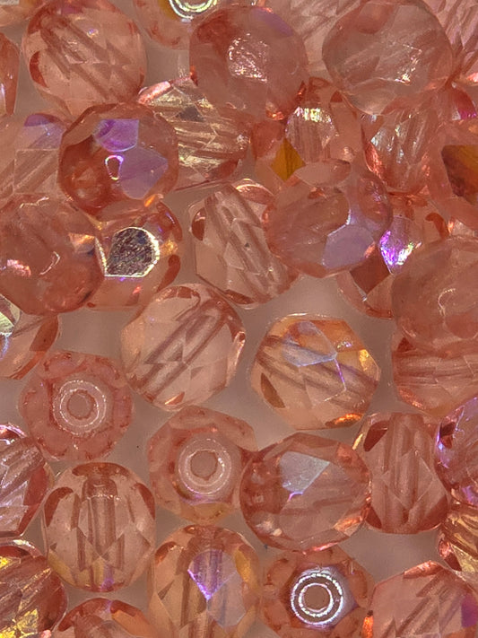 Czech 6mm Fire Polish Facet Rounds - Rosy Peach AB - 25 pcs