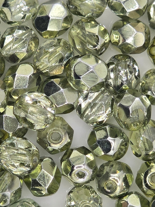 Czech 6mm Fire Polish Facet Rounds - Metallic Avocado - 25 pcs
