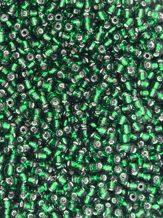 Czech #8 Seed Beads - Silver Lined Emerald Green - 10 grams