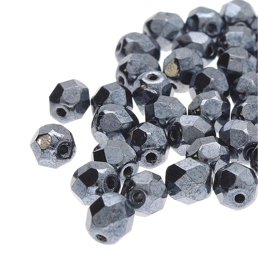 Preciosa - 4mm Fire Polished Facet Rounds - Jet Hematite - Pack 50 beads
