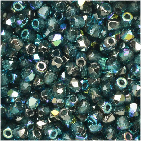 True 2 - 2mm Fire Polished Faceted Rounds - Aqua Graphite Rainbow - 100 pcs